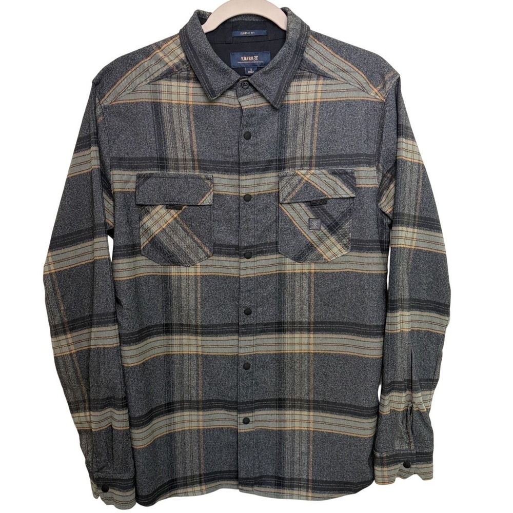 Roark Flannel Shirt Snap Plaid Small Mens Long Sleeve Button Up Vents Grey